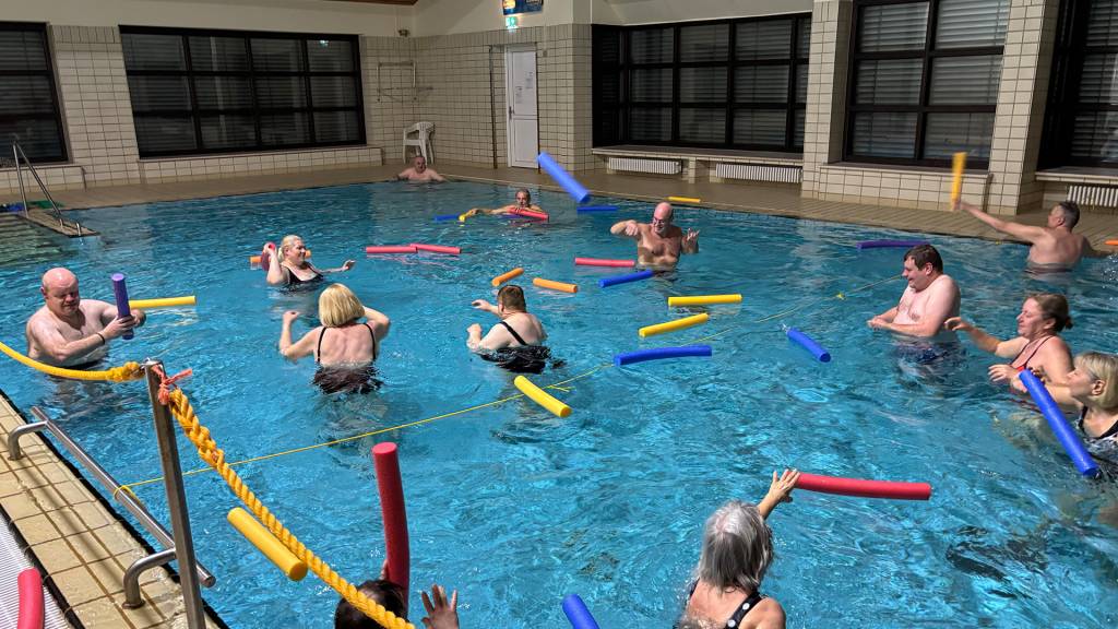 Eine Gruppe von Erwachsenen nimmt an einer Wassergymnastik in einem Hallenbad teil. Die Teilnehmenden stehen im brusttiefen Wasser und führen gemeinsam Übungen mit bunten Schwimmnudeln durch. Sie bewegen Arme und Oberkörper, während sie im Wasser verteilt stehen. Die Atmosphäre wirkt aktiv und gemeinschaftlich, das Becken ist hell beleuchtet und von Fliesenwänden umgeben.