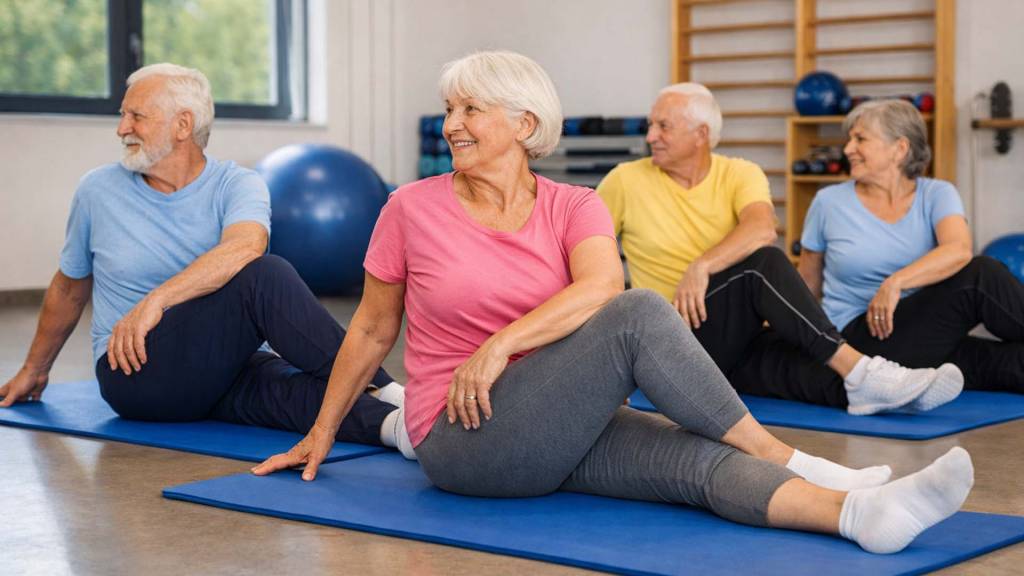 Eine Gruppe von vier älteren Menschen sitzt auf Gymnastikmatten in einem hellen Trainingsraum und führt gemeinsam eine sanfte Drehübung für die Wirbelsäule aus. Sie tragen bequeme Sportkleidung, wirken entspannt und konzentriert, und im Hintergrund sind Trainingsgeräte wie Gymnastikbälle und Sprossenwände zu sehen.